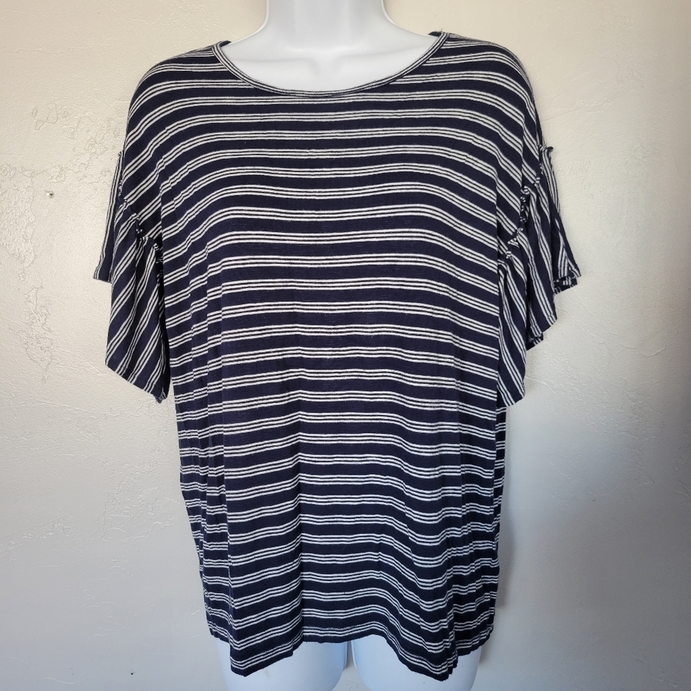 Wrangler Retro Small Navy Blue & White Striped Blouse Short Sleeve Ruffle Trim